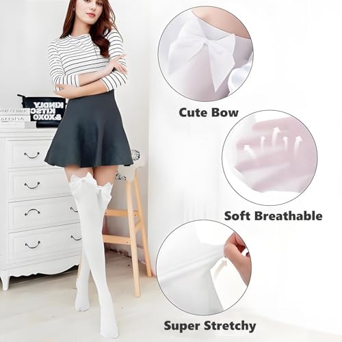 2 Paar Lange Schleifenstrümpfe, Overknees Stockings Damen, Satin Bogen Strümpfe Frauen Undurchsichtig, Weiße Kniestrümpfe Thigh Weihnachten Costume Accessoires Highs Kostuem (Weiß Schleife)