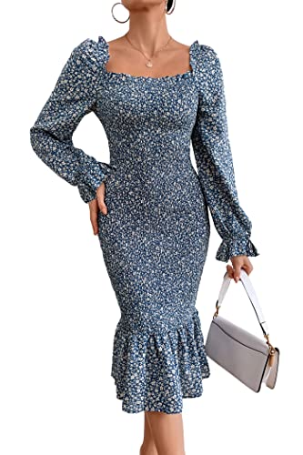 Image of PRETTYGARDEN Women's Long Puff Sleeve Floral Midi Bodycon Dresses Square Neck Ruffle Mermaid Smocked Dress