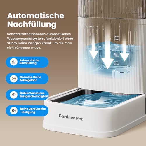 Gardner Pet 6.5L Automatischer Wasserspender, Schwerkraft-Tränke mit Edelstahlschüssel, Futterautomat für Hunde und Katze, große Kapazität Futterspender, BPA-frei, Keine Elektrizität, geräuschlos