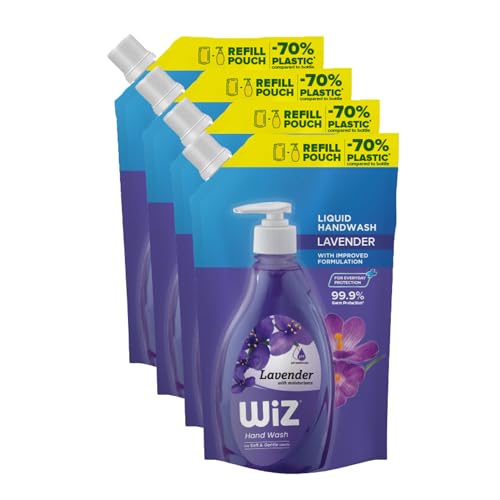 Image of Wiz Lavender Hand Wash Refill Pouch - 1L (Pack of 4) | pH Balanced | 70% Less Plastic | Soothing Lavender Scent | Germ Protection | Gentle & Moisturizing Formula