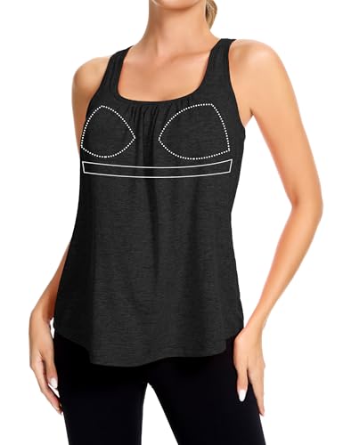 SLIMBELLE Mesh Racer Back Tank Tops Womens Gym Yoga Athletic Workout Tops Round Neck Sleeveless Cami with Built in Bra