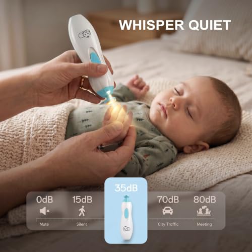 Royal Angels Verbesserter 6-in-1 Baby-Nageltrimmer mit beschriftetem Etui, 4 farbige Pads für Neugeborene bis Kleinkinder, Flüsterleise elektrische Nagelfeile LED-Licht Sicheres Maniküre(Babyblau)