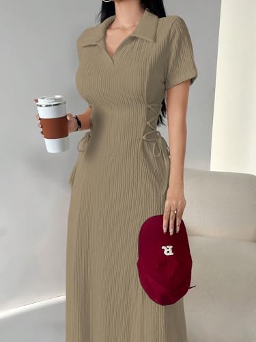 Image of Shasmi Women's Solid Color Applique Lace-Up Collared Short Sleeve, Side-Tie Waist Long Casual Maxi Women Dress Outfit Long Evening Midi Western Party Dress for Women (Dress 211)
