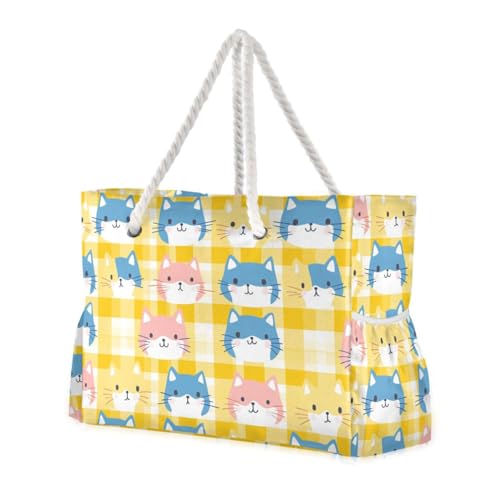 Yellow Colorful Cats Sturdy Beach Bags And Totes with side pocketes Large Beach Bags with zippered pockets