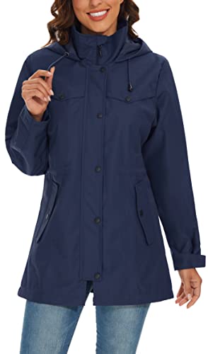 Benboy Women's Rain Jacket Lightweight Waterproof Rain Coat Long Hooded Outdoor Raincoat Windbreaker,Yy0914W-Navyblue-L #TOP2