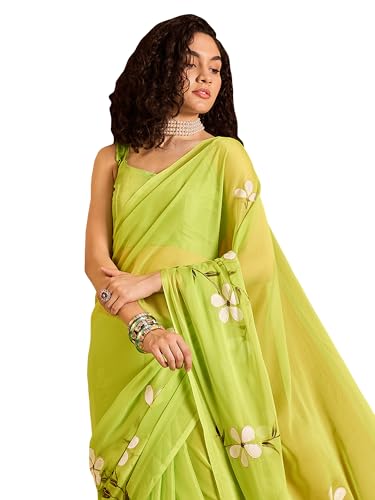 Image of SAREE MALL Women's Chiffon Daisy Floral hand paint Tassel Pallu Lightweight Summer Saree