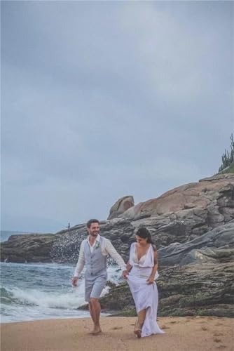 Men's Linen Suits 2 Pieces Slim Fit Short Suit Casual Linen Tuxedos Summer Beach Wedding Prom Vest and Shorts Pants4