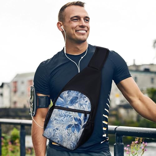 Mochila Sling Urbana Azul Estampado Hojas Pequeña miniatura 6