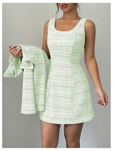 Image of SOLY HUX Women's 2 Piece Outfits Plaid Long Sleeve Button Down Cropped Jacket and Sleeveless Mini Dress Sets