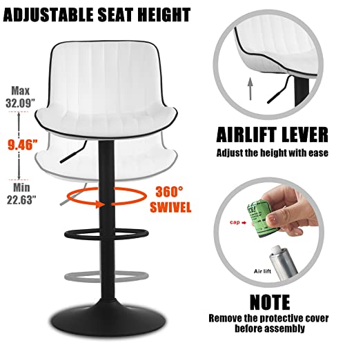 Younike Bar Stools Set Of 2 Adjustable Swivel Barstools Pu Leather Counter Stools Cushioned High Backrest, White, 3-5 Mins To Assemble, Loads 300Lbs #TOP4