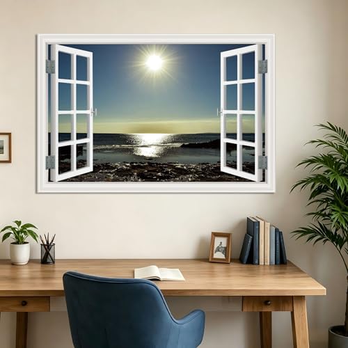 Tableau paysage fenêtre trompe-l'œil vue nature soleil déco murale chambre 30x45