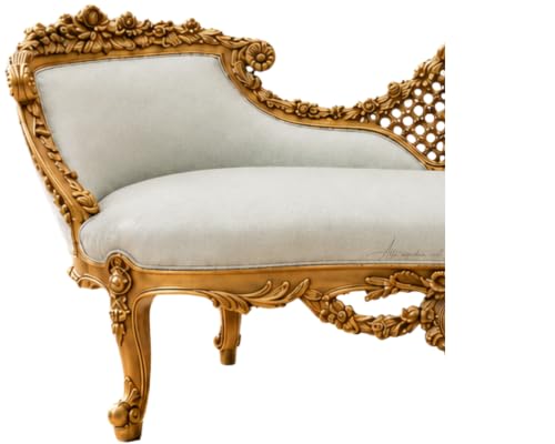 Image of Victorian Style Chaise Lounge, Tufted Cream Upholstery, Mahogany Wood Frame, Classic Living Room Furniture (Antique Gold & Light Blue)