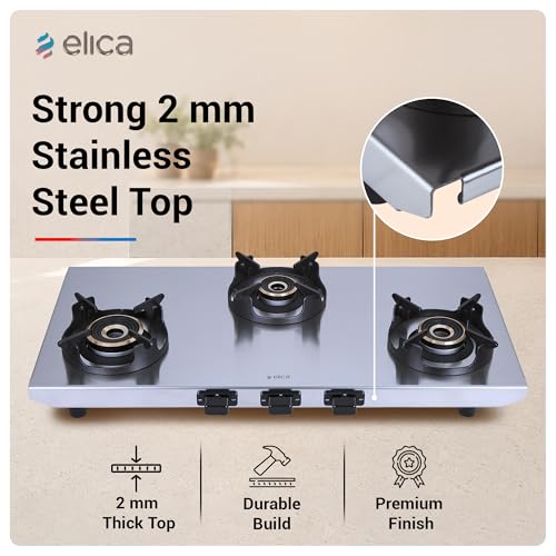 Image of Elica 3 Burner 2mm Stainless Steel Gas Stove | INOX HD 3B 77 | 77cm Wide Layout, Forged Brass Burners - 1 Jumbo 1 Medium 2 Small Burners, Crown Shape Pan Support, 2 Yr Warranty