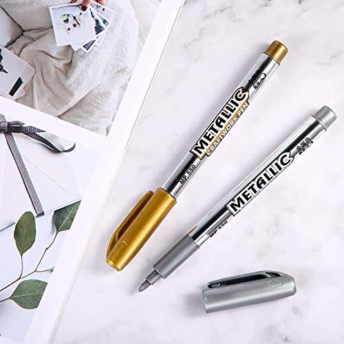 Image of 53ARTS Gold and Silver Metallic Fine Point Tip Marker Pens, Permanent Markers Suitable for Cards Writing Signature Lettering Painting Pens (4)