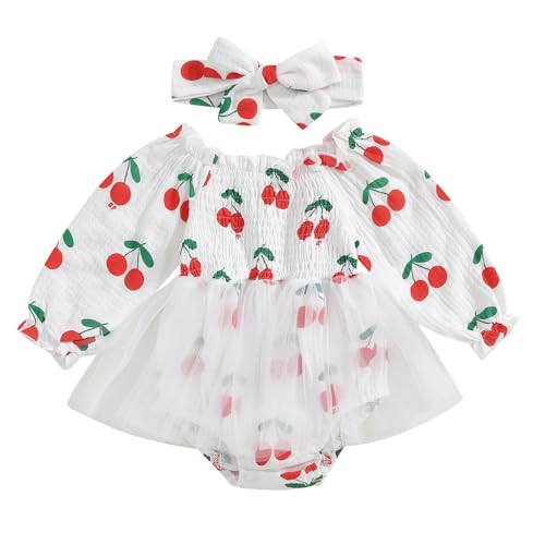 Ursobutegl Newborn Baby Girls Romper Dresses Ruffle Pleated Smocked Bubble Floral Tulle Skirt Ruched Bodysuit Fall Clothes (White, 0-3 Months)