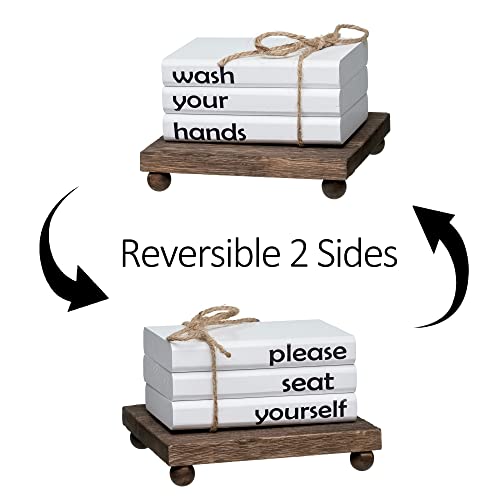 Reversible 2 Sides Farmhouse Mini Wooden Book Stack Decors Please Seat Yourself & Wash Your Hands With Wood Riser Funny Bathroom Decor Restroom Decorative Signs With Wood Tray (White) #TOP3
