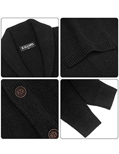 Kallspin Men's Merino Wool Blended Cardigan Sweater Relaxed Fit Shawl Collar Knitted Button Cardigan With Pockets (Black, Large) #TOP4