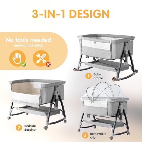 Suave Bedside Crib, 3 in 1 Bassinet with Quick Height Adjustment and Mosquito Nets, Baby Cradle, Portable Beside Bassinet with Golden Triangle Structure, CPSC Certification