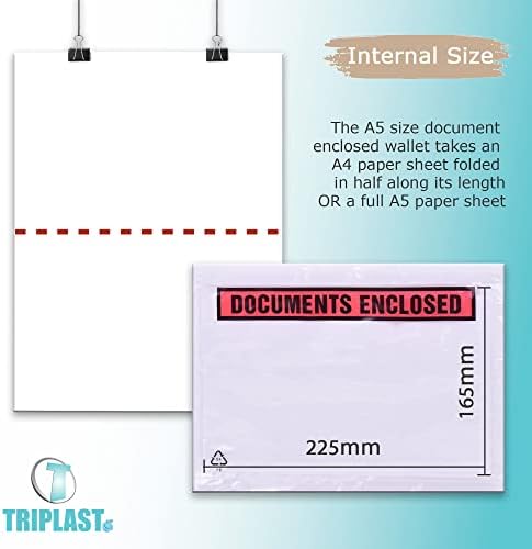 Triplast 100 x A5 Printed Document Enclosed Wallet (225 x 165 mm) | Peel & Seal Clear Plastic Envelopes/Sleeves/Pockets/Wallets | Attach Invoices, Packing Lists & Delivery Notes to Parcels
