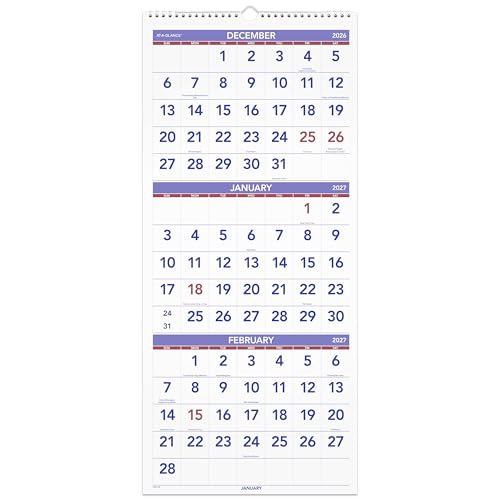 Image of AT-A-GLANCE 2027 Wall Calendar, 14-Month, Dec-Jan, 12 inch x 27 inch, Vertical 3-Month Reference (PM112827)