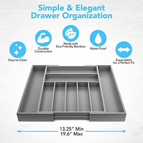Premium Bamboo Silverware Organizer - Expandable Kitchen Drawer Organizer And Utensil Organizer, Perfect Size Cutlery Tray With Drawer Dividers For Kitchen Utensils And Flatware (7-9 Slots) (Grey) #TOP6