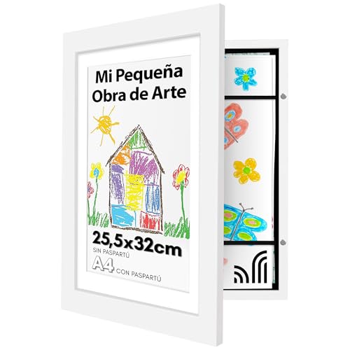 Americanflat Blanco Marco Dibujos Infantiles A4 - Cuadro de Almacenamiento para Niños para 100 Unidades, Proyectos de Arte, Puzzles, Fotos y Decoración - Madera Compuesta con Vidrio Resistente
