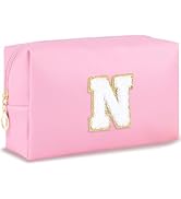 URSKYTOUS Initial Makeup Bag Personalized Preppy Travel Small Cosmetic Bag Cute PU Pink Chenille ...