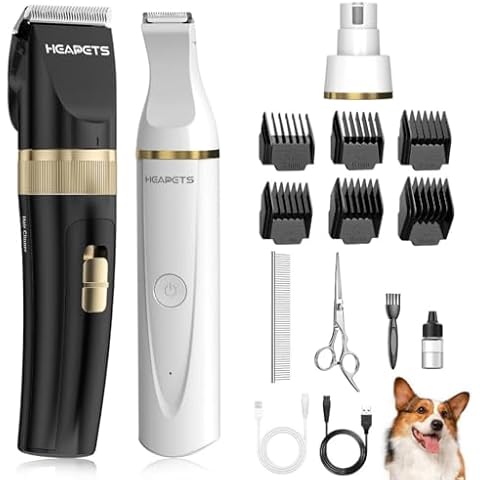 HEAPETS Dog Hair Clippers for Grooming Kit and Dog Paw Trimmer Nail Grinder for Grooming, Low Noise Rechargeable Cordless, Shaver Grooming Supplies for Pet Cats Dogs (Black, White) Cover
