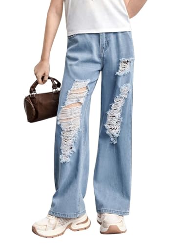 WDIRARA Girl's Ripped Baggy Jeans Elastic Waist Y2k Straight Leg Denim Pants