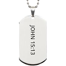 Bible Verse Silver Dog Tag, John 1513 Motivational Inspirational Gifts Faith Engraved Stainless Steel Chain Necklace For Men Women