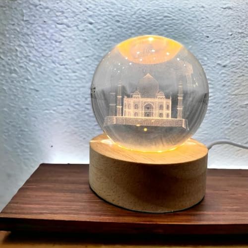 Image of 3D Taj Mahal LED Crystal Ball USB Night Light, 6 Cm Glass Ball Night Lamp With Woodern Base, Decorations Gifts For Men & Women Meditation Or Relaxation