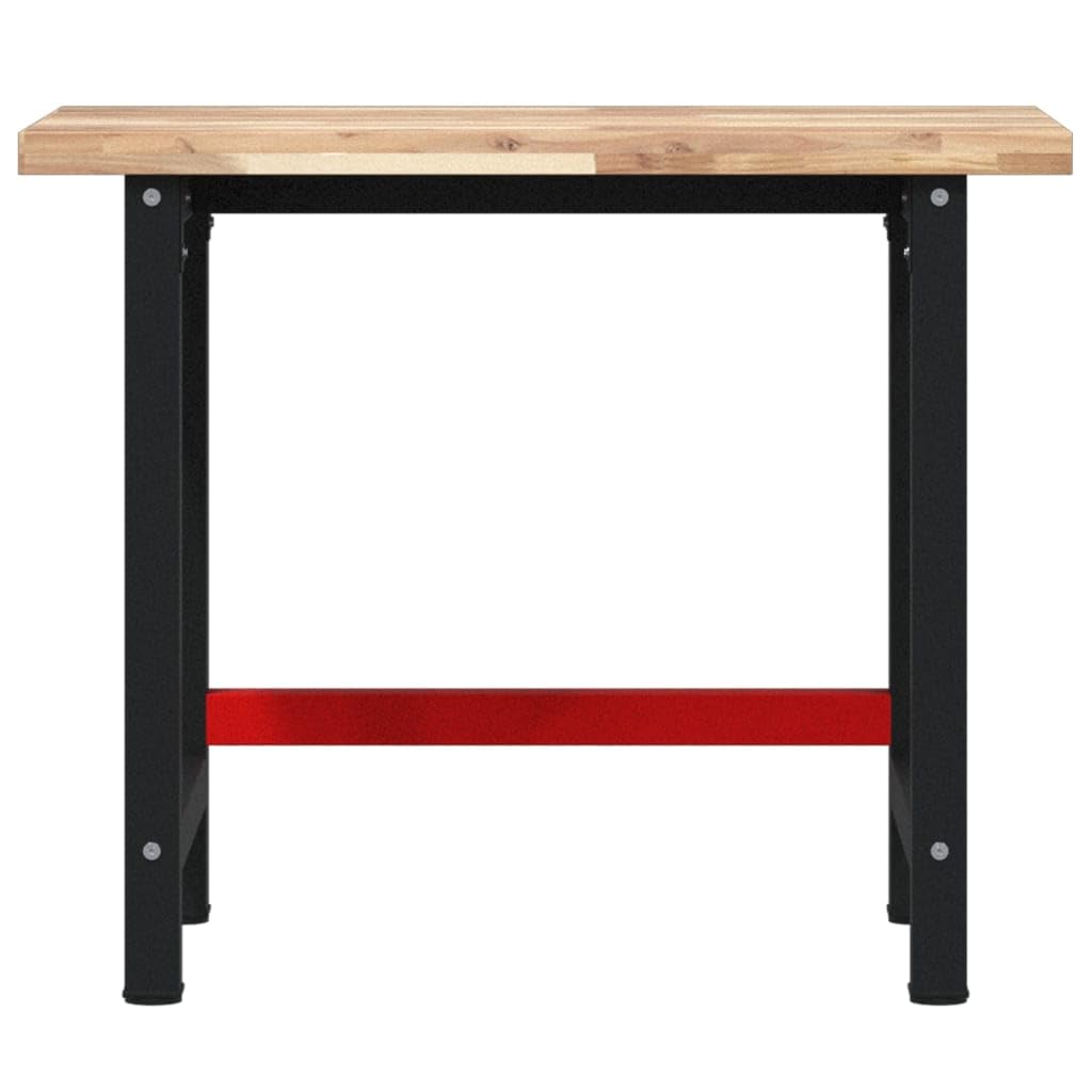 Banco de trabajo de madera maciza de acacia, 100 x 60 x 83 cm, rectangular con estructura de metal pulverizado, mesa de trabajo estable para taller, garaje, sala de ocio y bricolaje