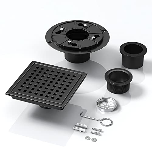 Cifox 6 Inch Black Shower Drain Square With Flange Removable Quadrato Grid Pattern, Brushed 304 Stainless Steel, Includes Floor Drain Base Hair Strainer, Watermark&Cupc Certified, Matte Black #TOP6