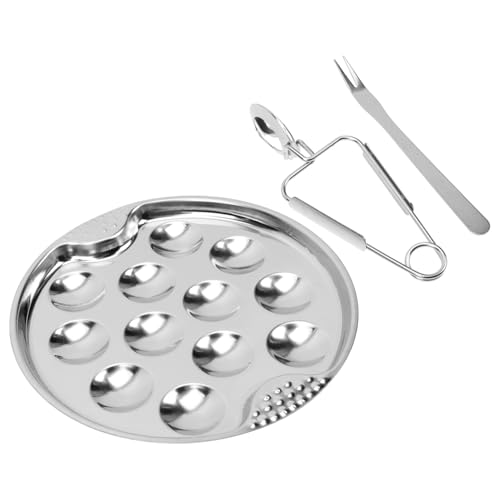 OHPHCALL Plato para Caracoles de Acero Inoxidable con Tenedor y Pinza Herramienta Segura y Fácil de Limpiar para Mariscos Casa y Restaurante
