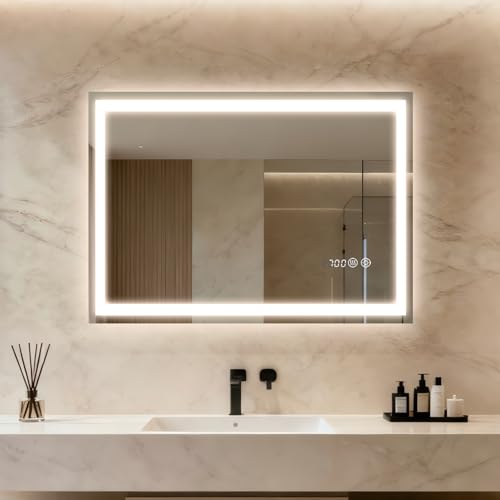 Clevich Badspiegel mit Beleuchtung und Uhr 70×50 cm, LED Spiegel mit 3 Lichtfarben dimmbar, gehärtetes Glas und Digitaluhr, Touch-Schalter, Memory-Funktion, beschlagfrei, Badezimmerspiegel mit Licht