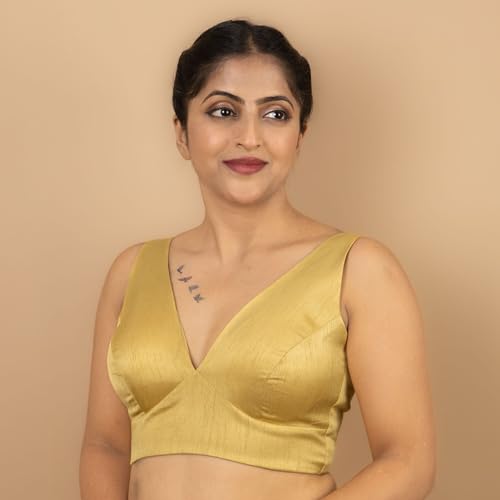 Image of FIGURE'S DESIGNER Women's Dupion Raw Silk Sleeveless V Neck Sabyasachi Cut Readymade Saree Blouse Padded Stitched S4