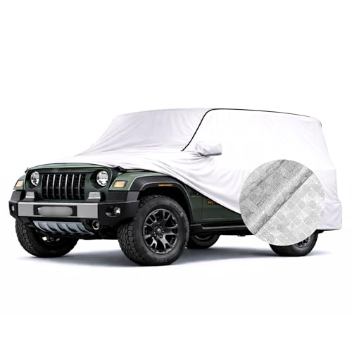 Image of SEAZEN Waterproof Car Cover for Mahindra Thar Roxx | Dustproof, UV & Scratch Resistant Soft Cotton Lining | Triple Stitched, Mirror Pockets & Elastic Hem | Metallic Silver with Black Piping