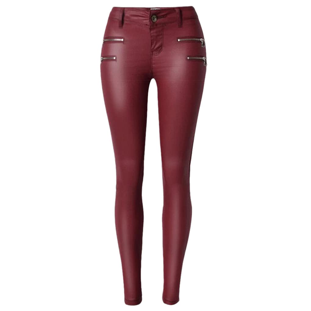 Dninmim Pantaloni da donna sexy skinny a vita bassa in pelle PU primavera autunno vino rosso sottile pantaloni in pelle sintetica