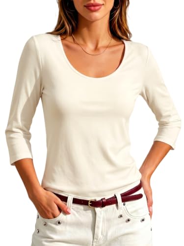 Image of Meetrendi Women's 3 /4 Sleeve Scoop Neck T-Shirt Cotton Blend Slim Fit Basic Tee Casual Spring Top 2026