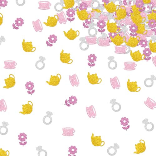 120pcs Tea with the Bride to Be Confetti, Tea Bridal Shower Table Confetti, Gold&Pink Glitter Teapot Teacup Flower Table Scatter, Whimsical Bridal Tea Bachelorette Party Decoration