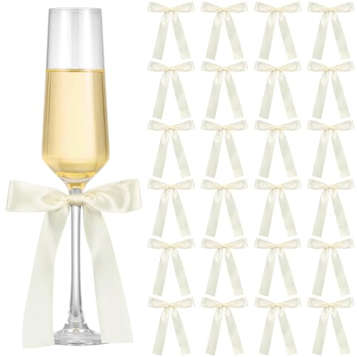 Jingmore Ivory White 24 Pack Bows for Champagne Glasses Candle Holder 6.7 x 4 Inch Bow Drink Tags Wine Glass Candlestick Ribbon Self Adhesive Name Marker for Wedding Anniversary Party Gift Decor by Jingmore - Used condition - US$12.02
