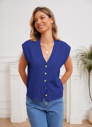 Image of XNC Womens Sweater Vest Cap Sleeve V Neck Knit Button Down Vest Tops Casual Summer Tank Top Blue