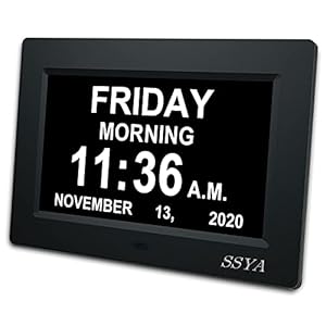 SSYA [Newest Version] 7 Inch Calendar Clock – 12 Alarm Options, Level 5 Auto Dimmable Display,Extra Large Impaired Vision Digital Clock with Non-Abbreviated Day & Month Alarm Clock (7 inch)