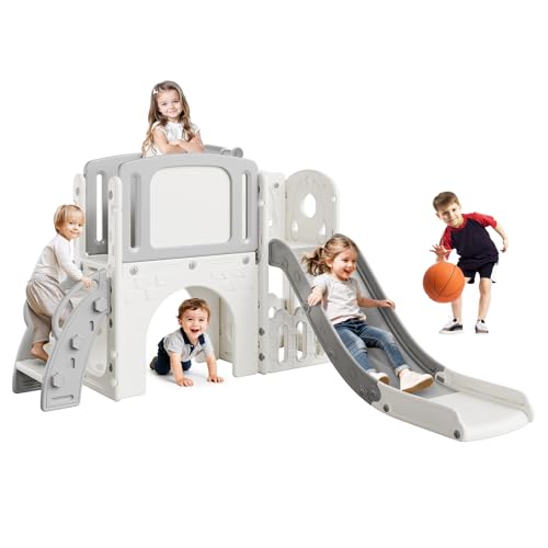 Garvee Toboggan pour Enfant 8 en 1, Structure d'escalade, Panier De Basket, Tunnel, Bascule, Télescope Et Espace De Rangement. Aire De Jeux Intérieure Et Extérieure pour Garçons Et Filles.