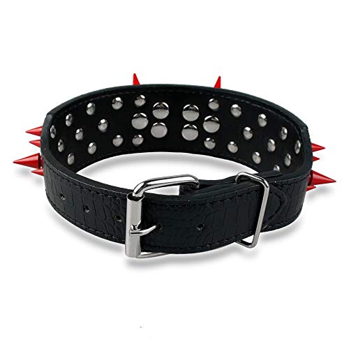 Berry Pet Sharp Spiked Studded Dog Collar - Stylish Leather Dog Collars - 2 Inch In Width Fit For Medium & Large Dogs - Such As Pitbull Mastiff - Red Rivets & Black Leather,17-20" #TOP1