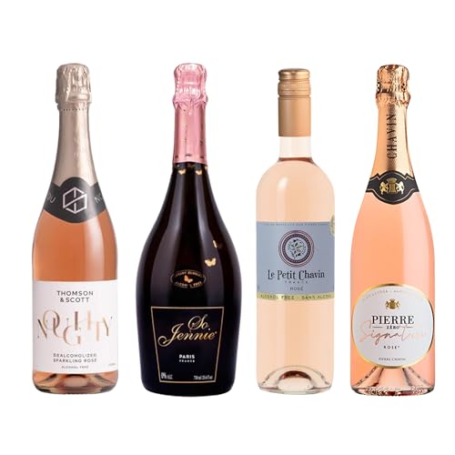 Non-Alcoholic Rosé Wine Sampler - 4 Bottles (25.4 Fl Oz Each) So Jennie Sparkling, Le Petit Chavin, Pierre Zéro Signature, Noughty Rose Sparkling (France, Germany)