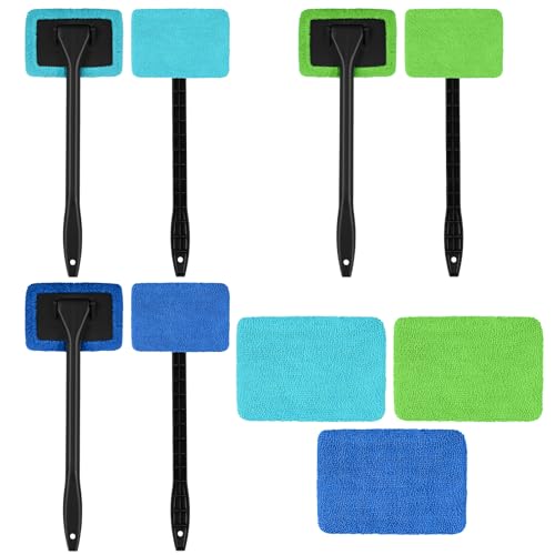 Defresit Car Windscreen Cleaner Brush, 3 PCS Car Window Cleaner with 6 Washable Microfiber Pads, Long Handle Microfiber Car Windscreen Cleaner Tool Cloth Demister Pad for Fog Moisture Removal