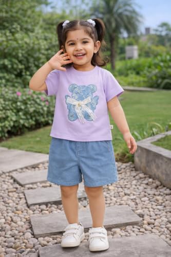 Image of Bold N Elegant Girls Cotton Cute Girly Vibes Cartoon Printed Short Sleeve T-Shirt Top & Shorts Summer Casual Clothing Set