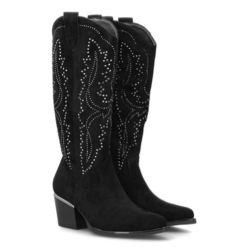 94643 Botas de Mujer con Diseno de Brillantes en la Cana, Tacon Cubano de 6cm. Estilo Cowboy con Cierre de Cremallera. Negro Talla 40