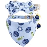 Faygarsle 2 Pack Blueberry Pattern Cat Collar Set with Bandana and Bow Tie, Light Blue, Breakaway Style with...
